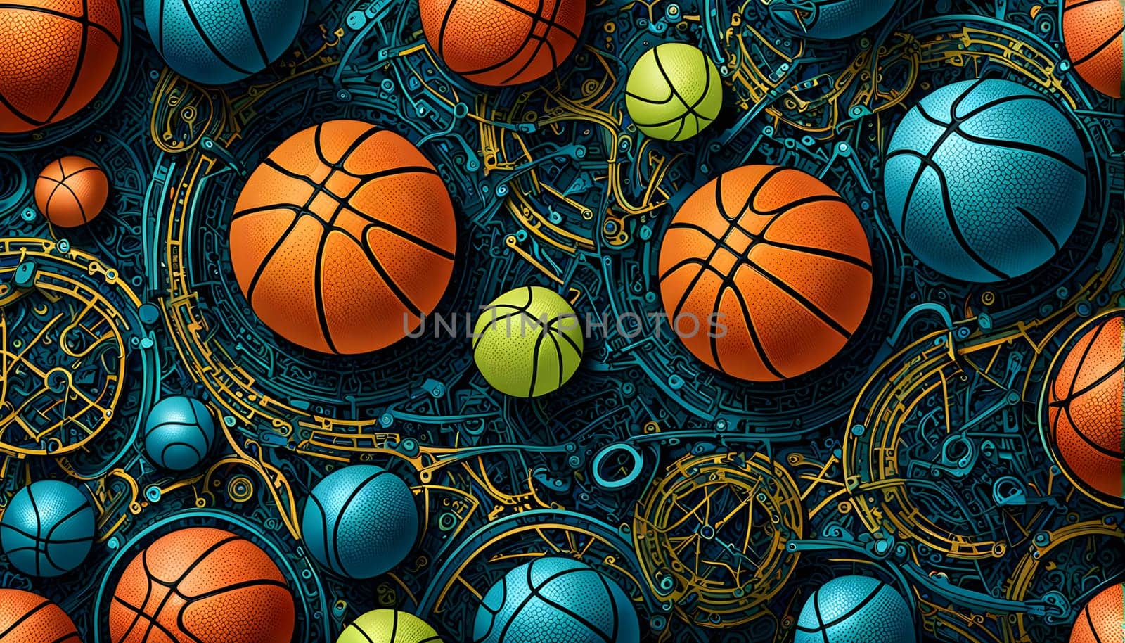 vibrant mix of abstract circuitry intertwined with basketball balls, representing AI role in personalized sports training