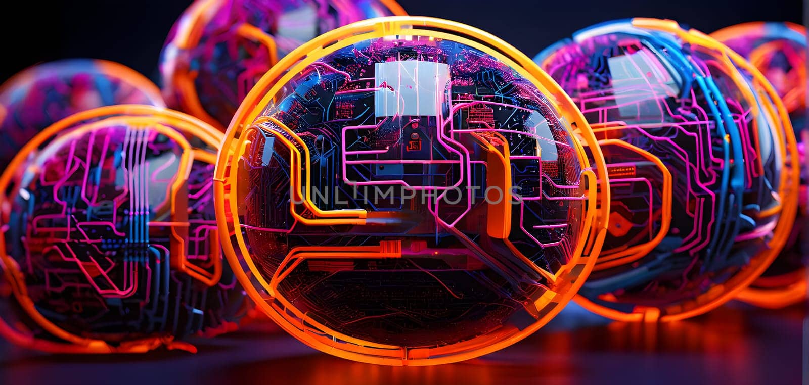 vibrant mix of abstract circuitry intertwined with basketball balls, representing AI role in personalized sports training
