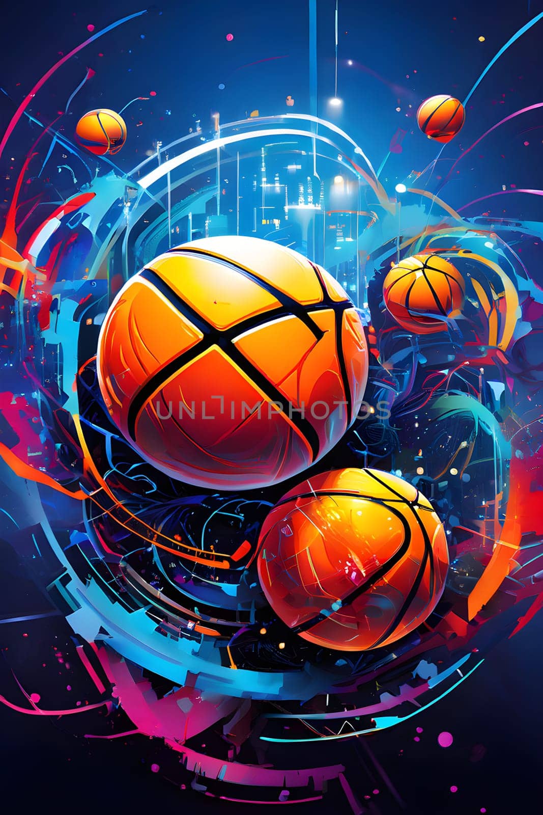 vibrant mix of abstract circuitry intertwined with basketball balls, representing AI role in personalized sports training