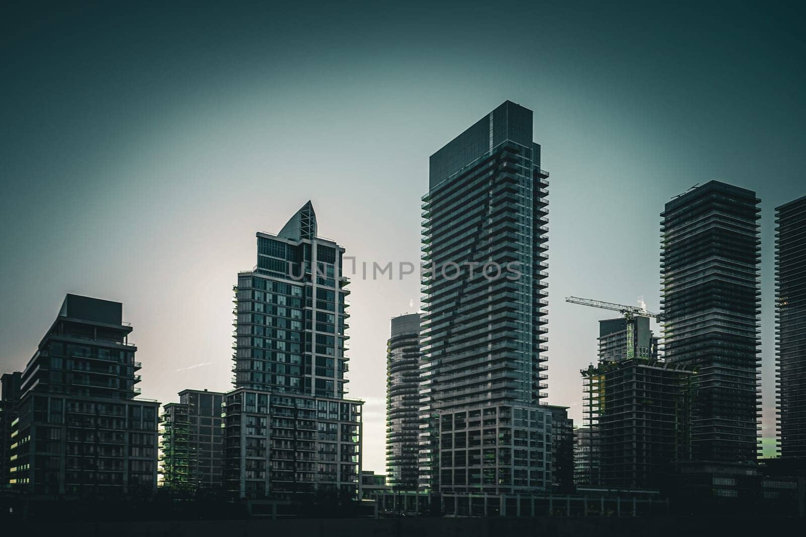 City skyscrapers at dusk. Shooting Location: Toronto