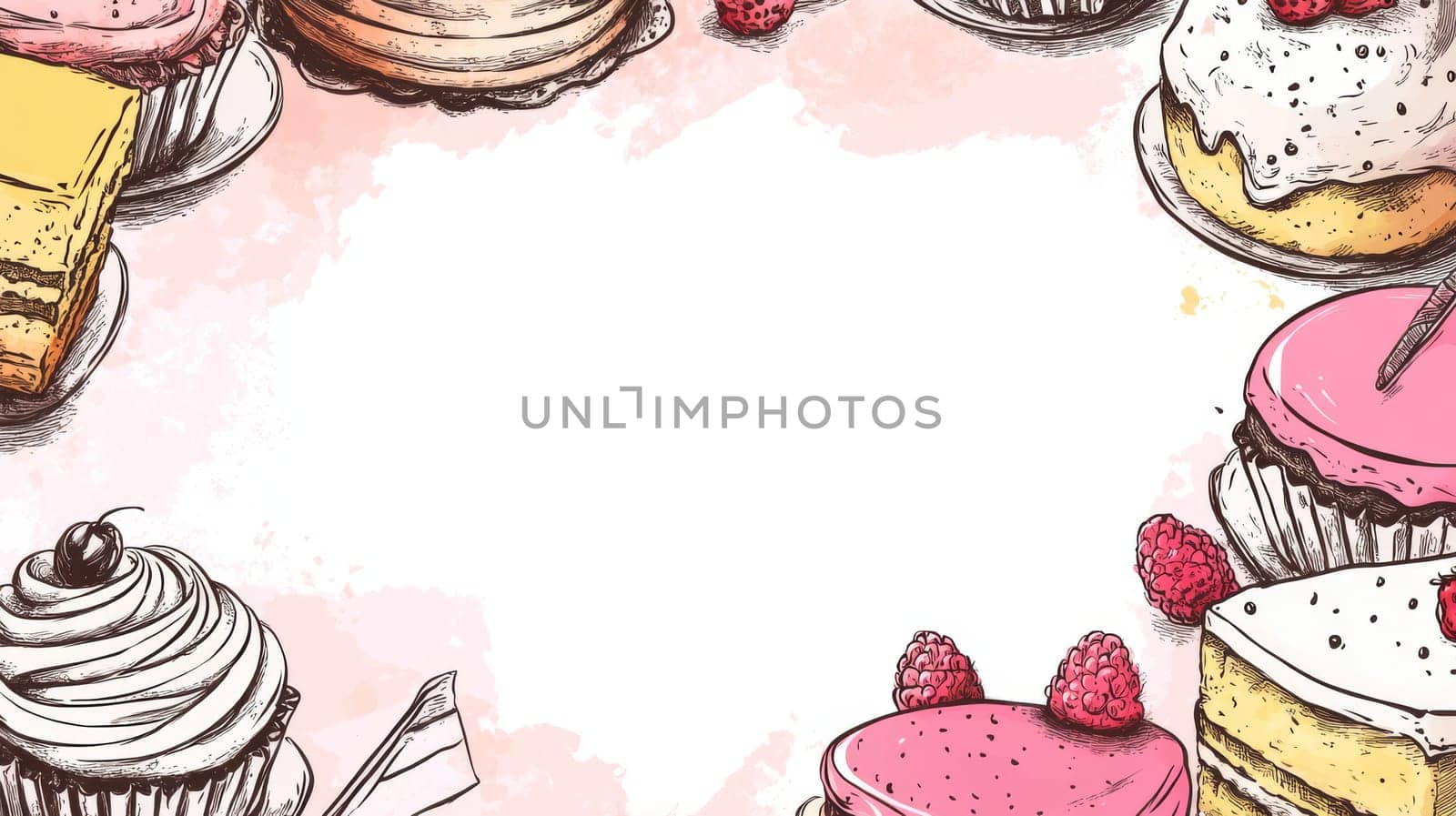 A vibrant collection of various cakes and pastries adorned with berries, set against a decorative artistic background.