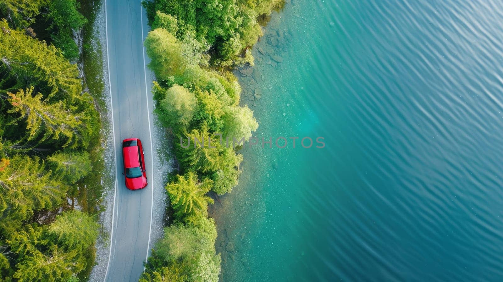 A red car is driving down a road next to a body of water. The scene is peaceful and serene, with the car moving slowly and the water reflecting the sky