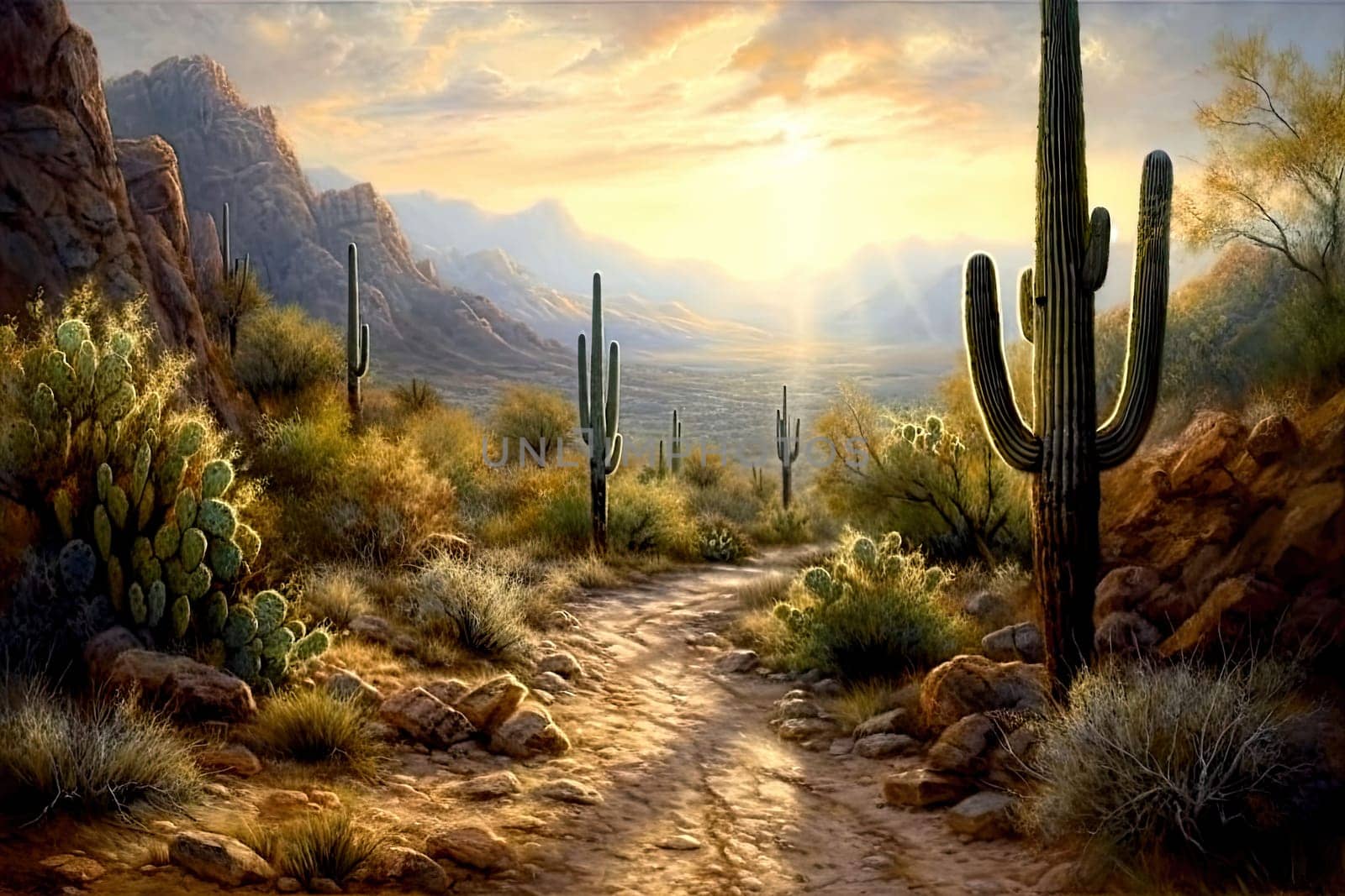 The landscape of a rocky desert. Mountains. The sun's rays break through the clouds. Road among various cacti and succulents. Saguaro cactus. AI illustration.
