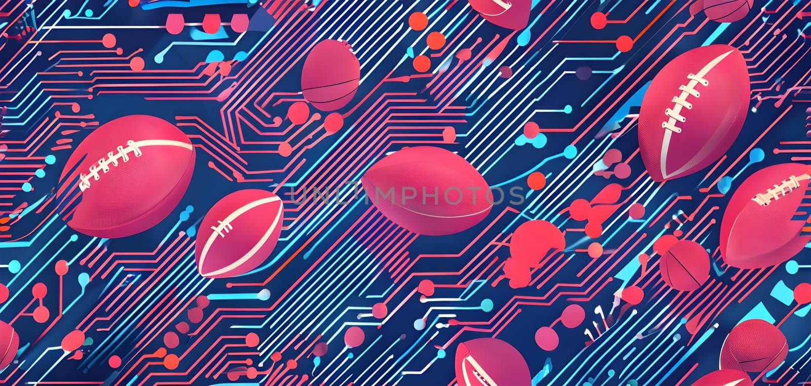 vibrant mix of abstract circuitry intertwined with rugby balls, representing AI role in personalized sports training