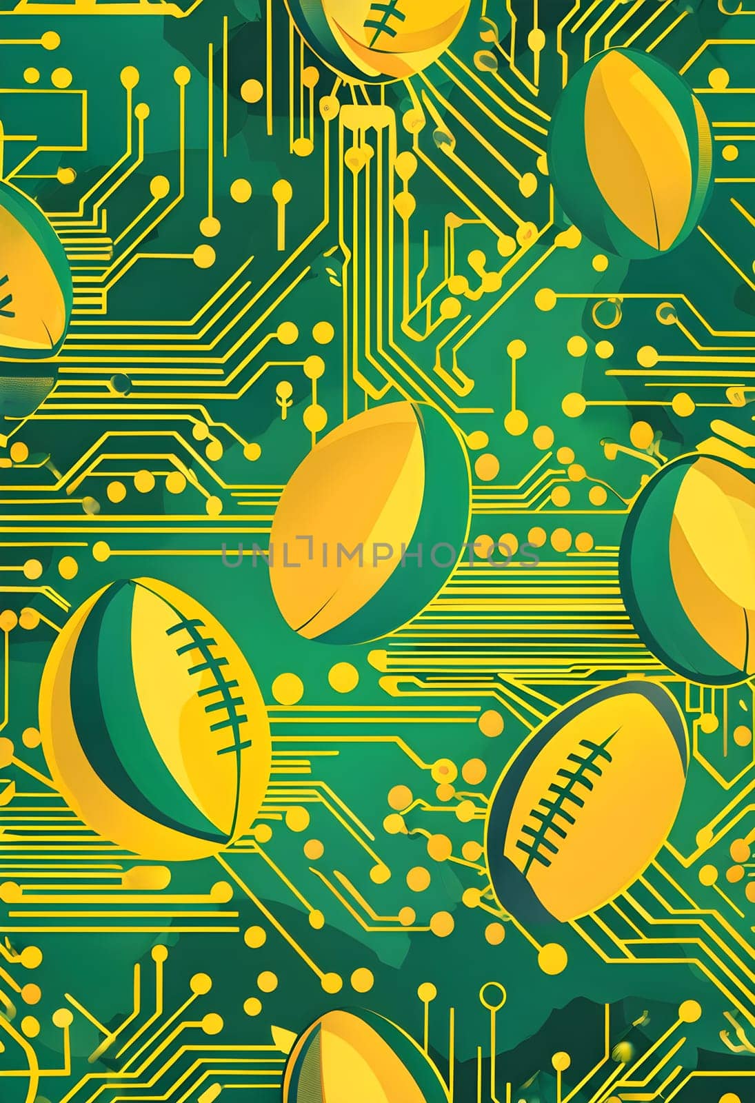 vibrant mix of abstract circuitry intertwined with rugby balls, representing AI role in personalized sports training