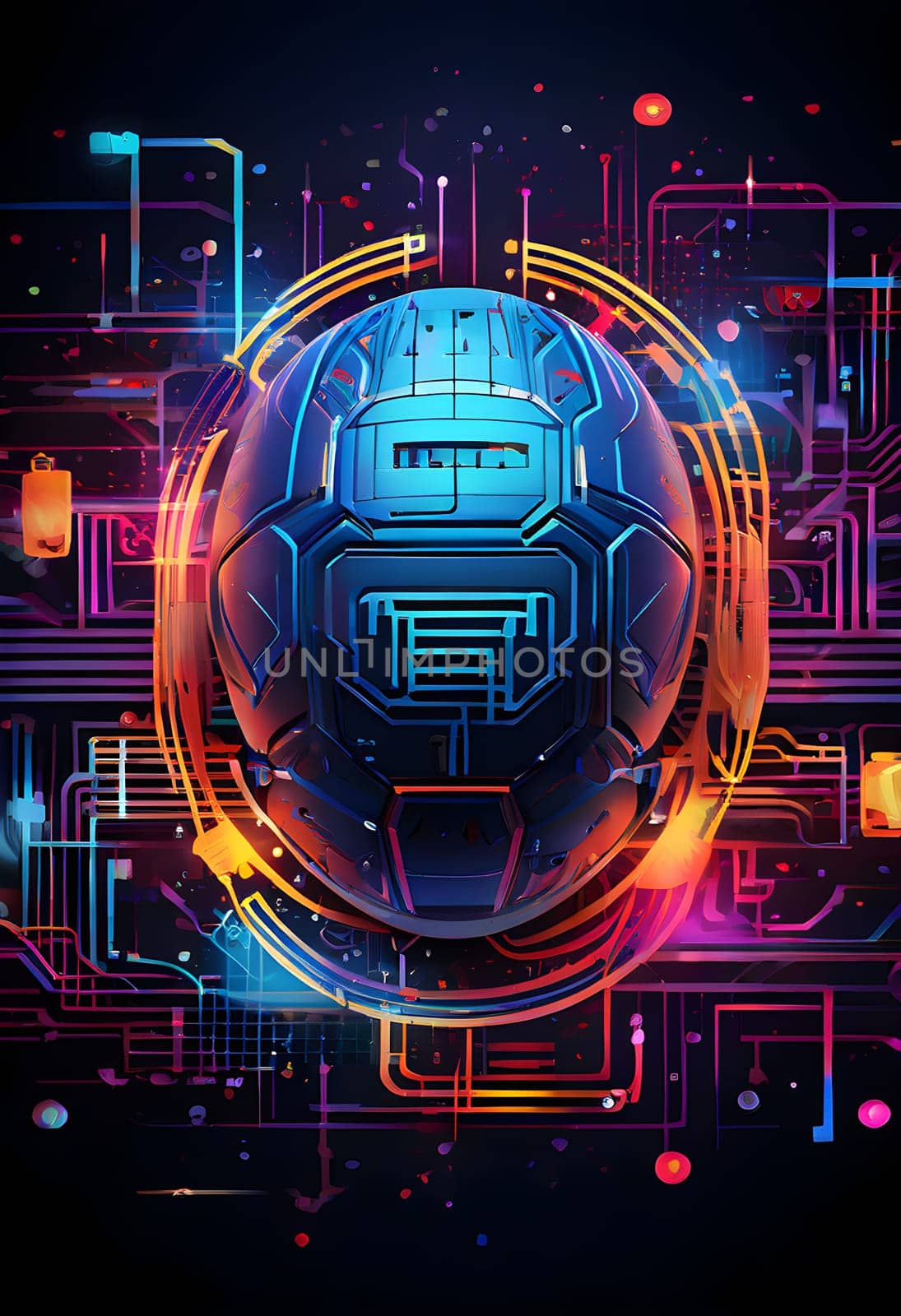 vibrant mix of abstract circuitry intertwined with rugby balls, representing AI role in personalized sports training