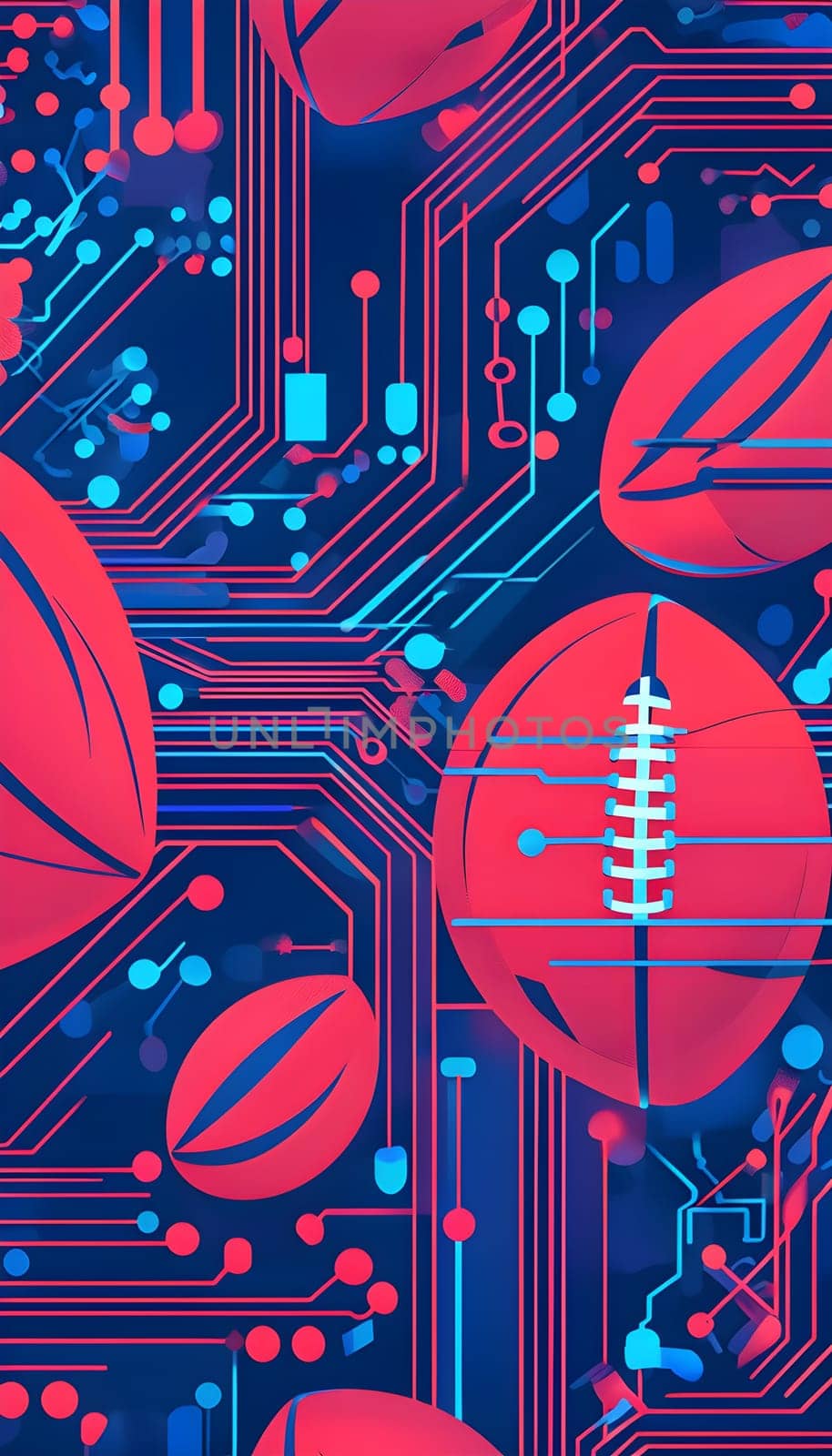 vibrant mix of abstract circuitry intertwined with rugby balls, representing AI role in personalized sports training