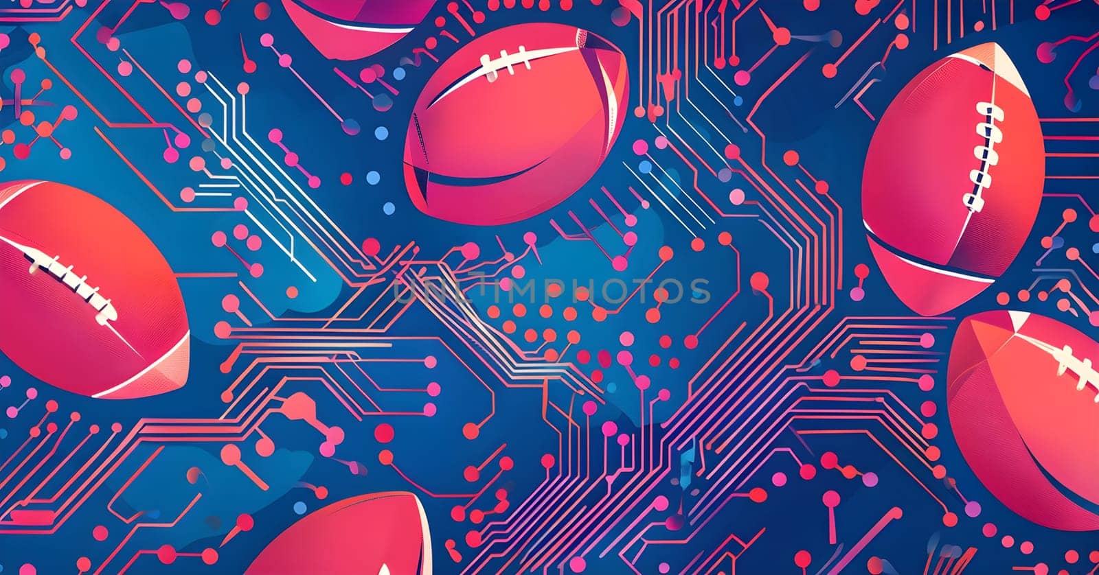 vibrant mix of abstract circuitry intertwined with rugby balls, representing AI role in personalized sports training