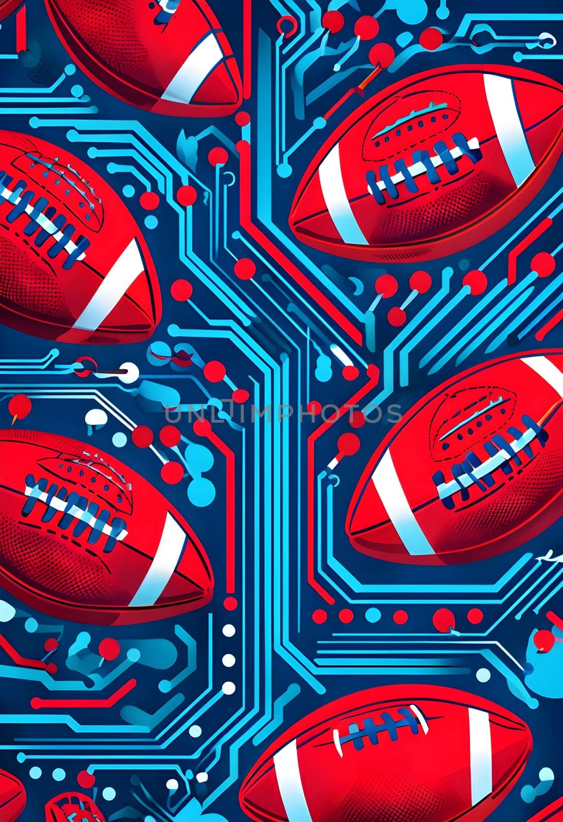 vibrant mix of abstract circuitry intertwined with rugby balls, representing AI role in personalized sports training