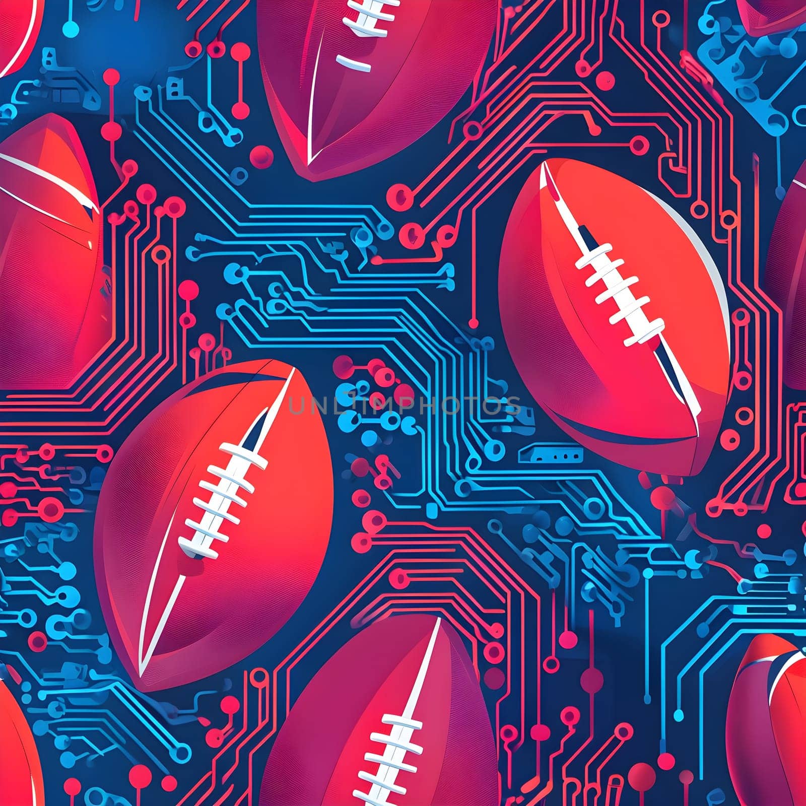 vibrant mix of abstract circuitry intertwined with rugby balls, representing AI role in personalized sports training