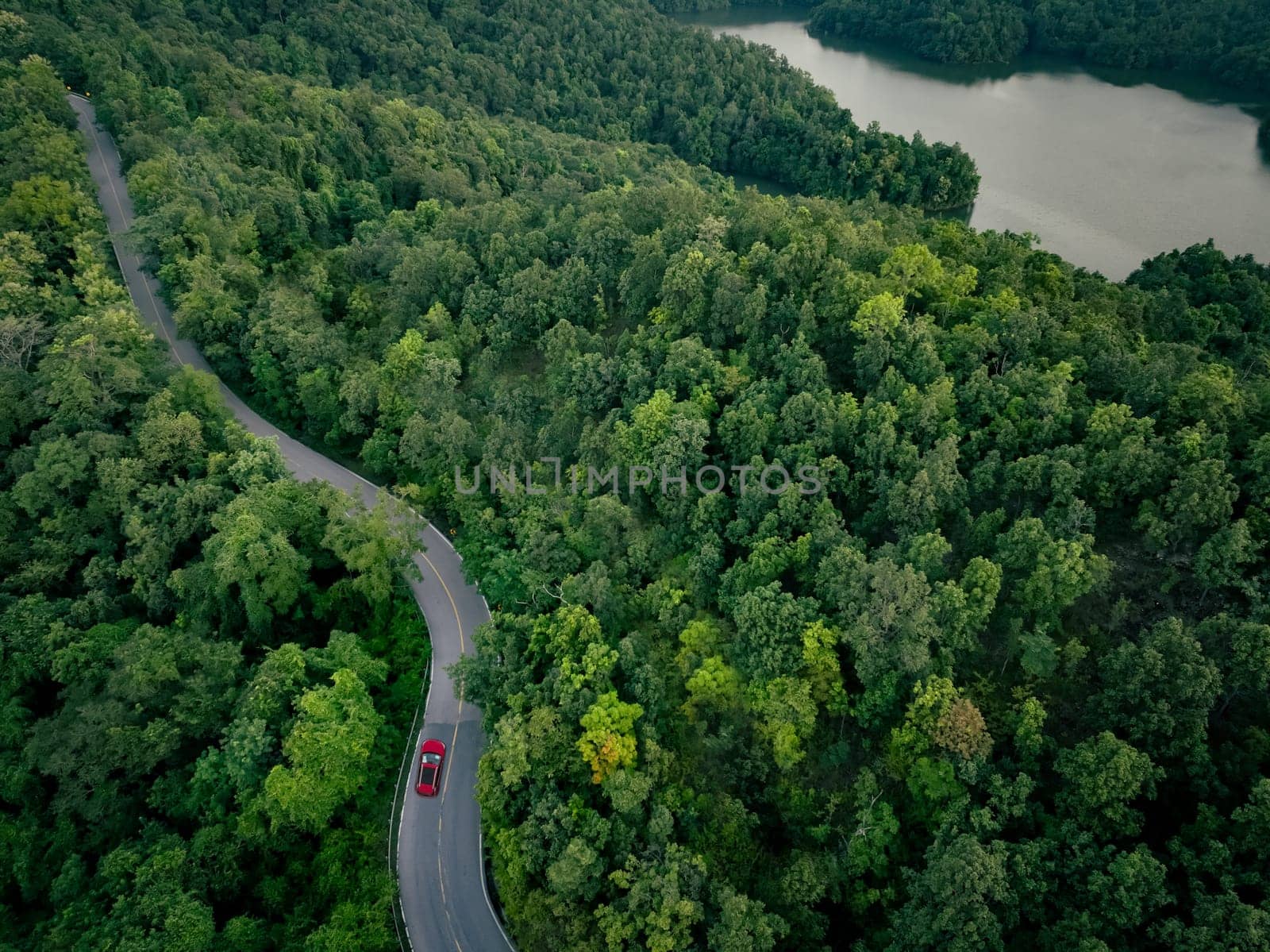 Aerial top view of a red car driving on highway road in green forest. Sustainable transport. Electric vehicle driving on asphalt road through lush green forest. Zero emission car. Green mobility.