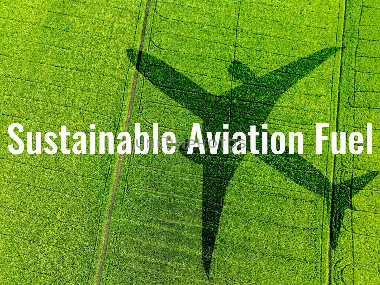 Sustainable aviation fuel concept. Airplane flying above green field. Biofuel in aviation. Sustainable transportation and eco-friendly flight with biofuel use. Aviation sustainability. Air travel.