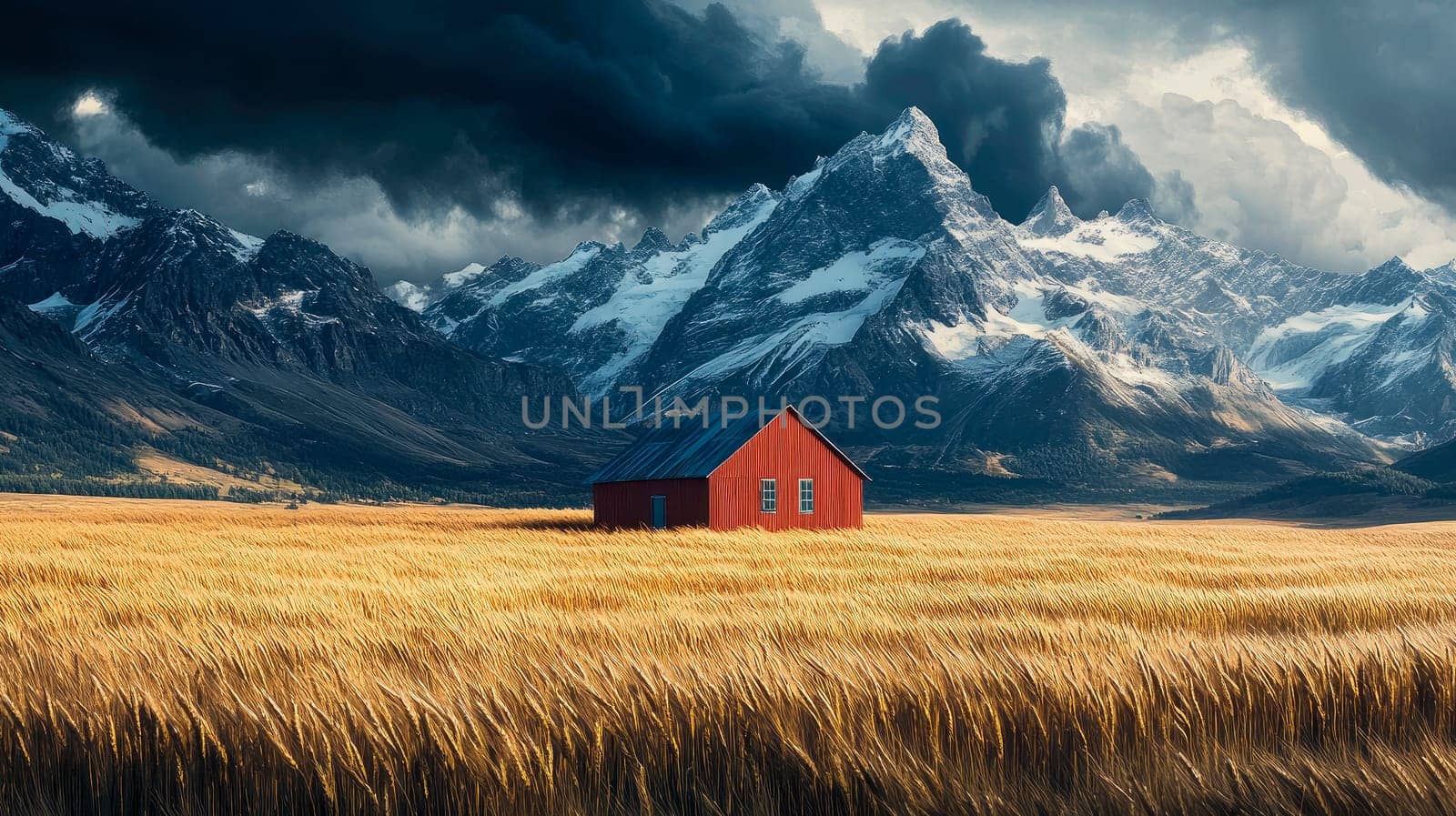 A red house in the middle of a field of wheat with snow-capped mountains and dark clouds above. AI generated