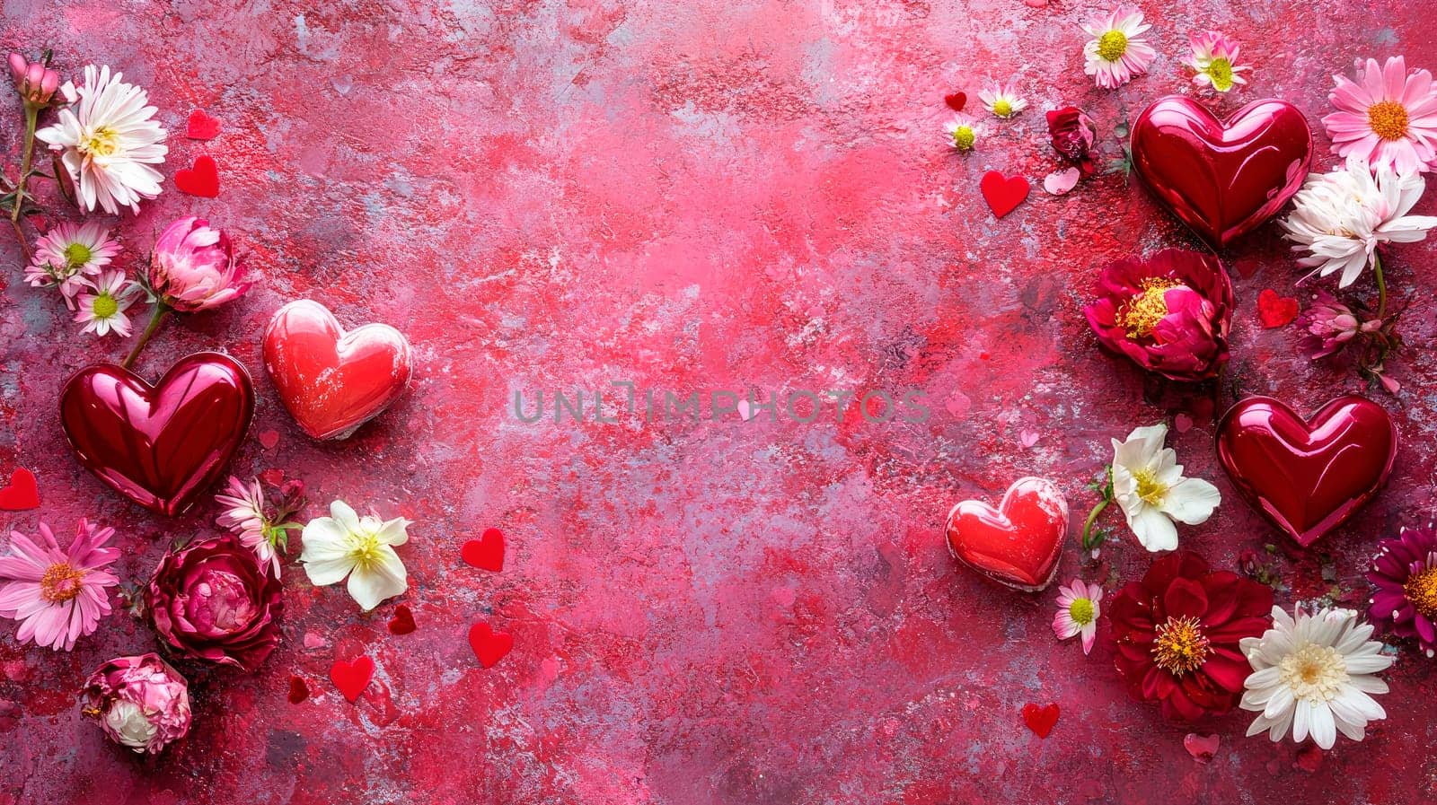 Hearts with flowers on a red stone background. AI generated