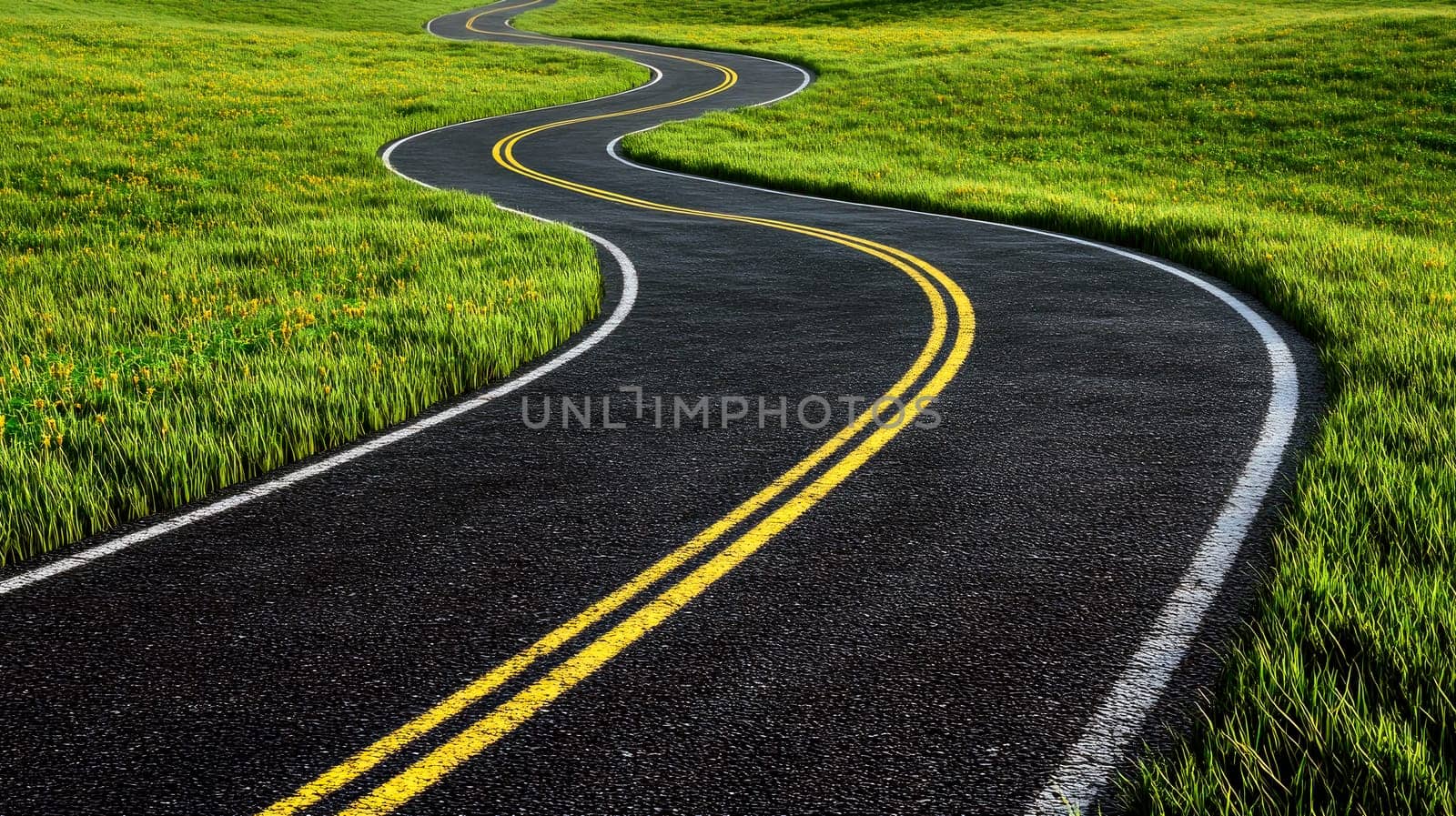 A winding road with yellow lines, surrounded by green grass. AI generated