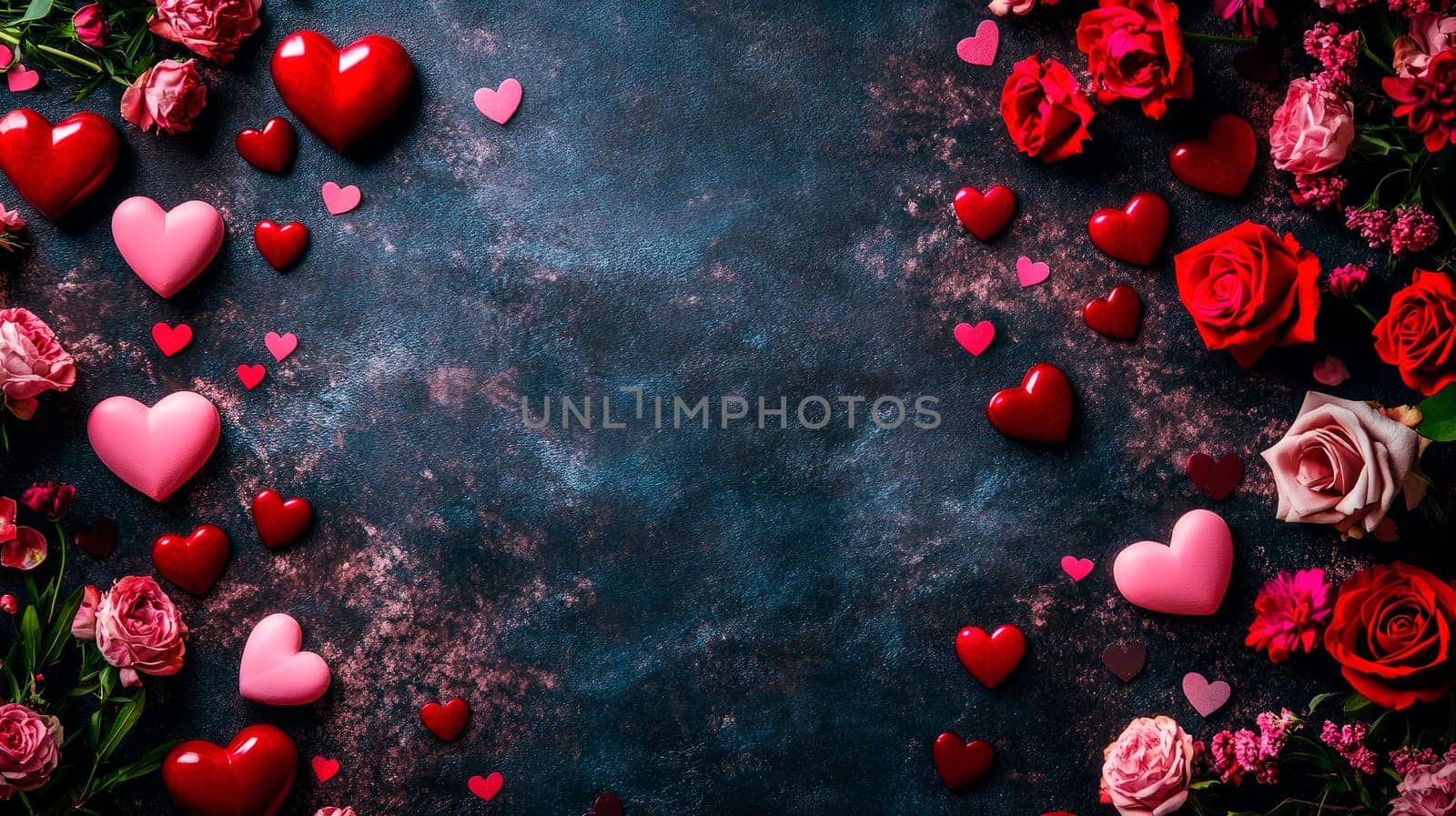 Red and pink hearts with flowers on a dark stone background. AI generated
