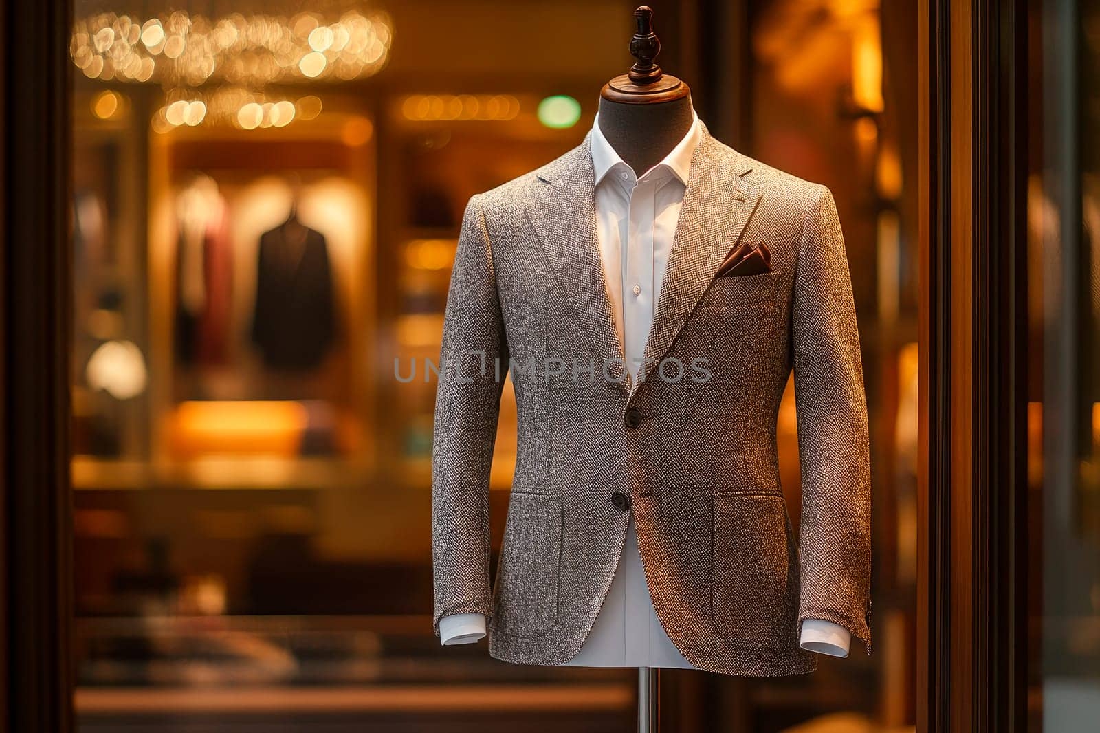 A mannequin in the window of a fashion store, dressed in a luxury suit. AI generated