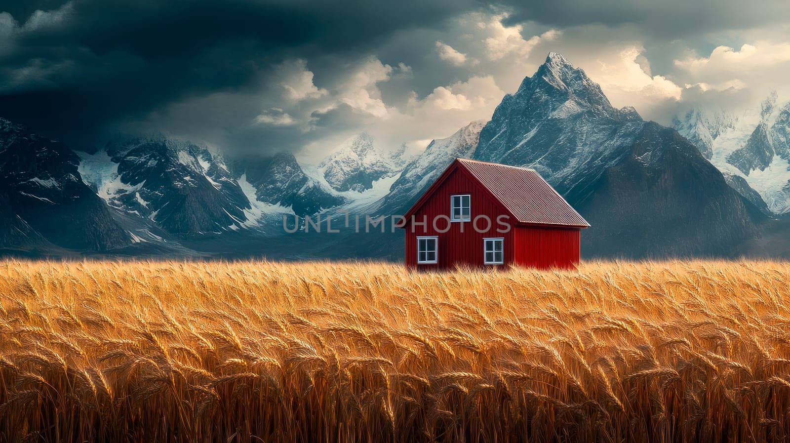 A red farmhouse in the middle of a field of wheat with snow-capped mountains and dark clouds above. AI generated