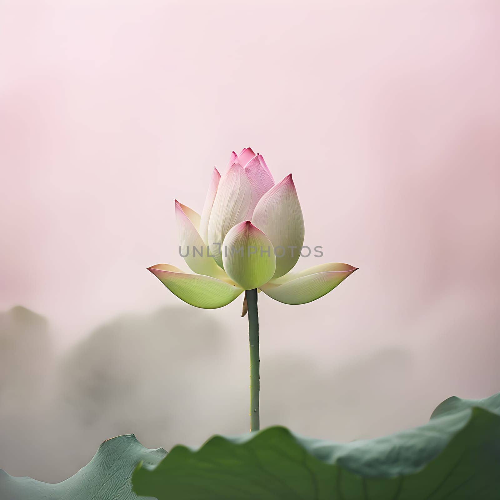 A minimalist image of a green lotus bud, its simple elegance captured against a soft, pastel pink background. Buddha’s silhouette gently merges with the mist, subtly blending into the serene scene. The peaceful color palette and the minimalist approac