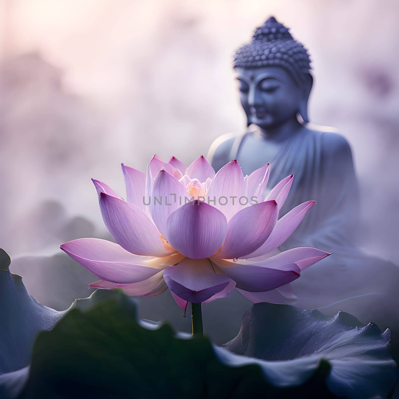 A close-up of a half-open lotus flower in soft lavender tones, its petals unfurling with grace and tranquility. Behind the delicate bloom, a Buddha figure is subtly visible through a veil of soft fog, evoking a sense of spiritual calm. This serene composition blends nature’s beauty with divine presence, creating a peaceful and reflective atmosphere.