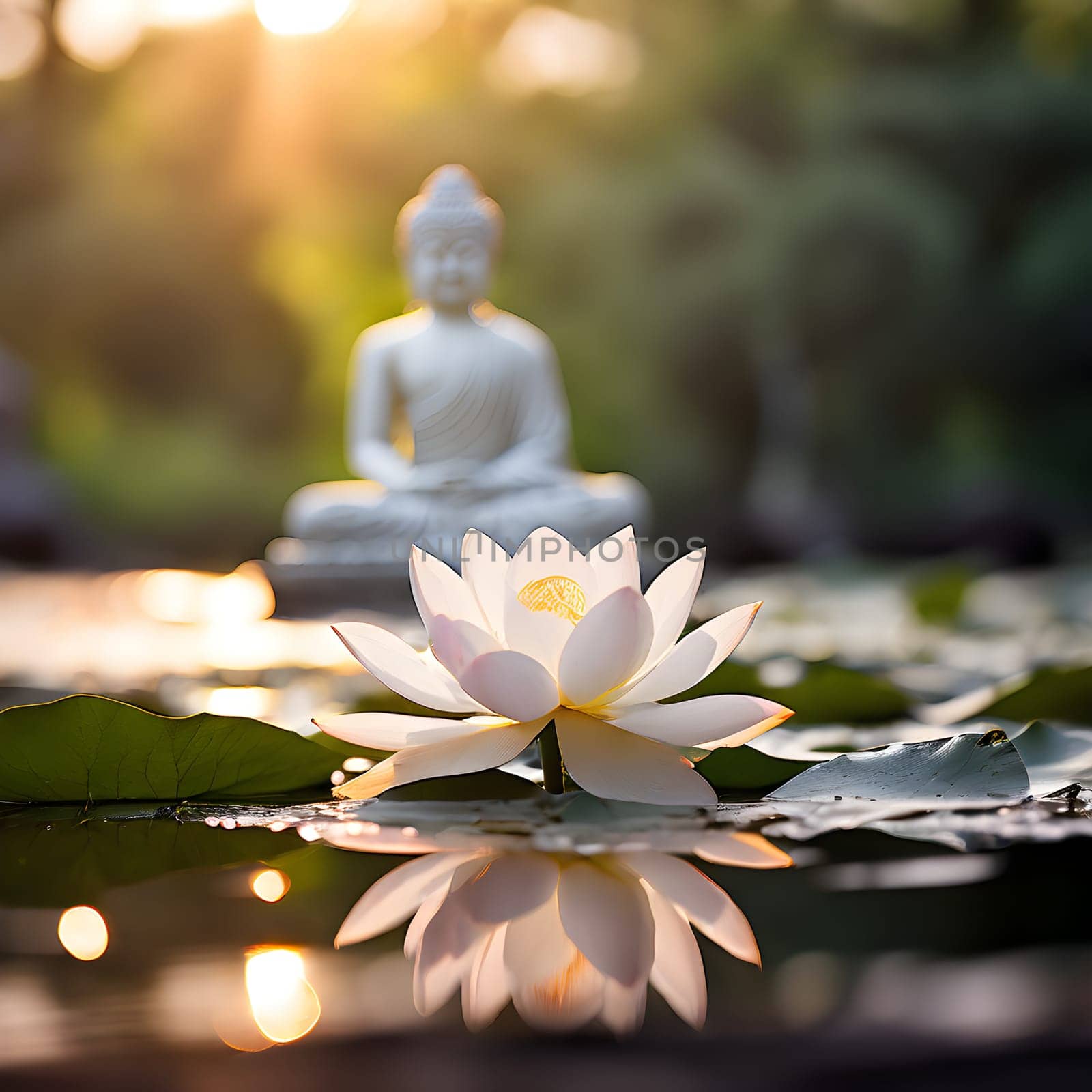 A soft focus on a single white lotus petal, its purity and grace captured in delicate detail. In the distance, a Buddha statue is subtly visible, adding a serene and spiritual depth to the composition. This calming scene blends the beauty of nature with divine tranquility, evoking a peaceful, meditative atmosphere.