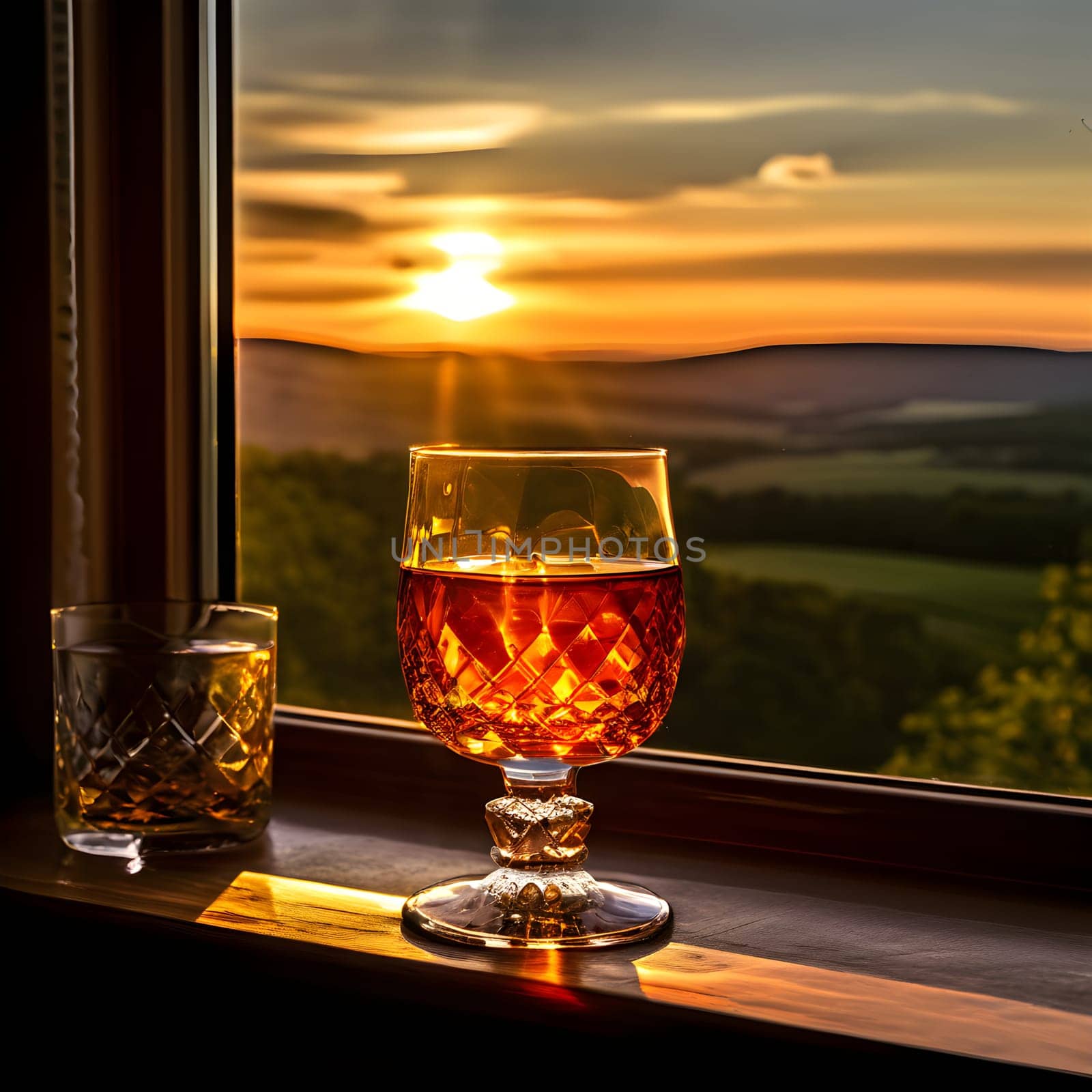 Whiskey in the Glow: Sunset Sips with a View of Rolling Hills