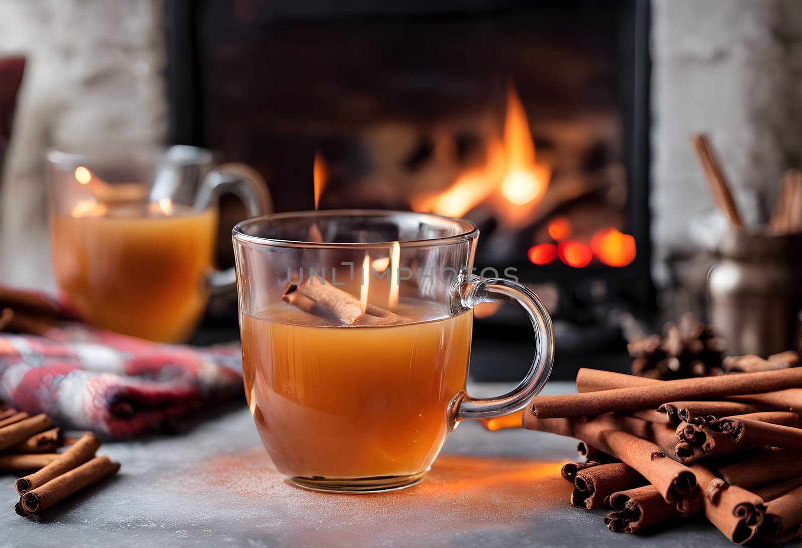 Steaming Hot Mulled Cider and Cinnamon by the Fireplace Glow