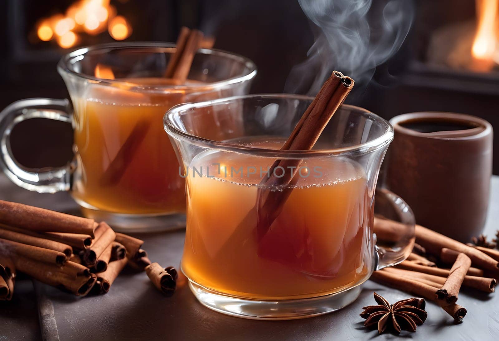Steaming Mulled Cider with Cinnamon Sticks by a Cozy Fireplace
