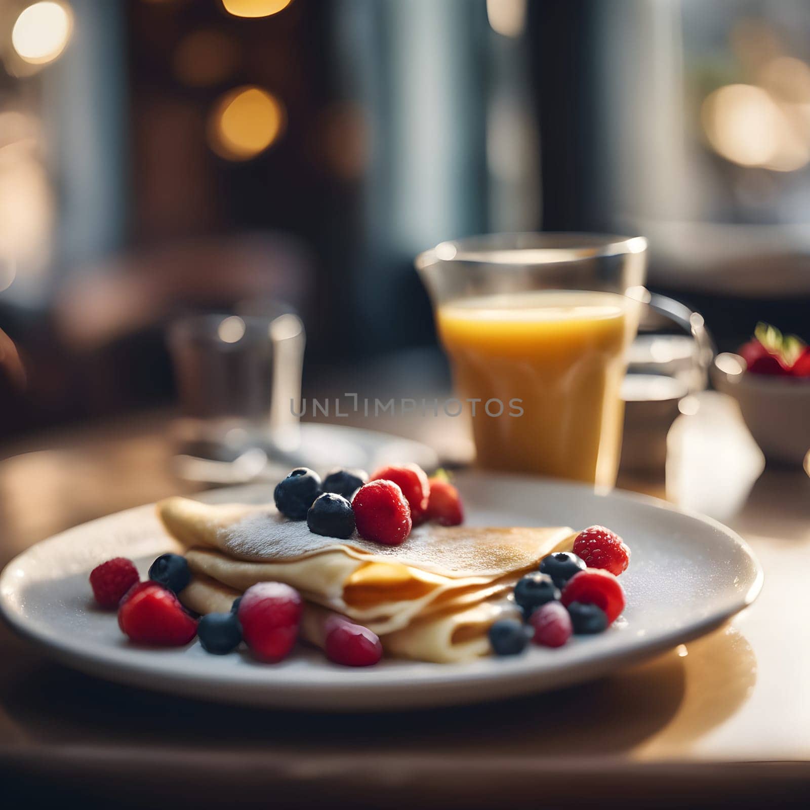 Cozy Café Breakfast with Crepes, Berries, and Fresh Juice in Morning Sunlight
