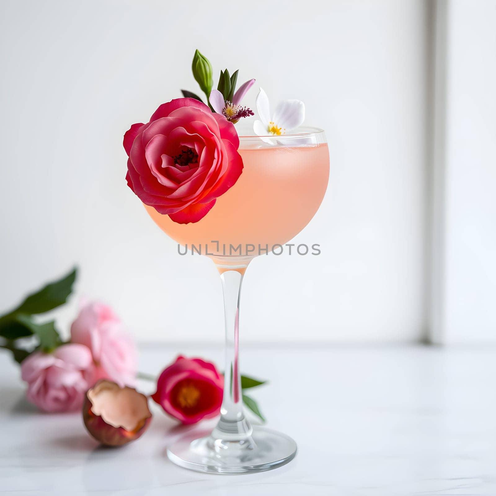A sophisticated lychee and rose mocktail, adorned with delicate flower garnishes, exudes elegance against a minimalist backdrop.