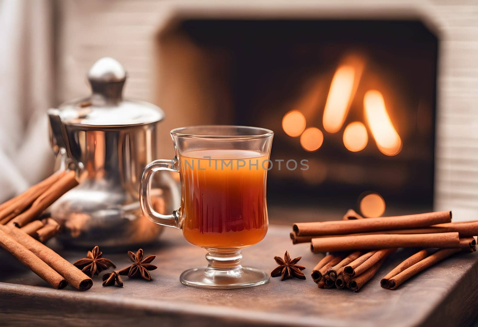 Warm Mulled Cider in a Glass, Cinnamon and Firelight Ambiance
