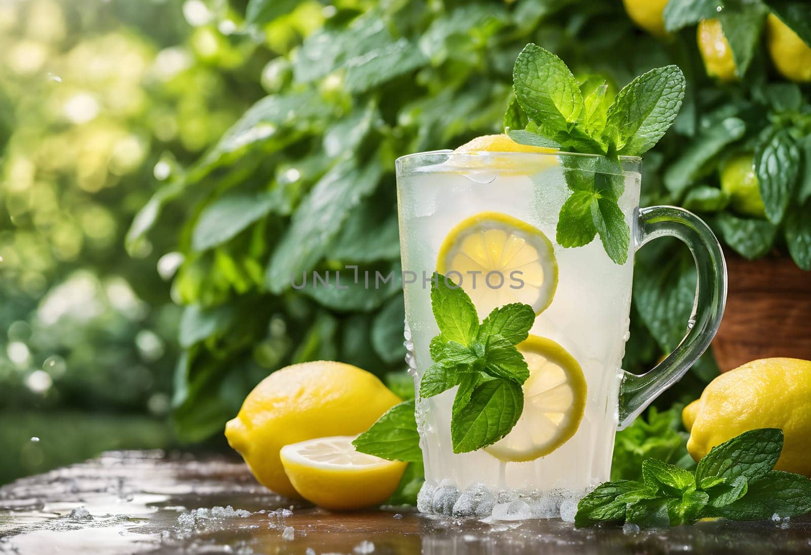 Frosty Lemonade with Mint in a Morning Garden Surrounded by Dewy Lemons