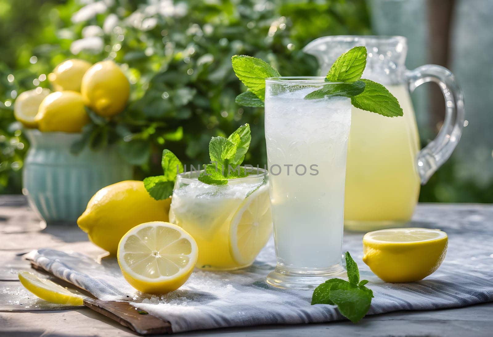 Refreshing Glass of Lemonade with Mint, Set Among Dewy Lemons in a Garden