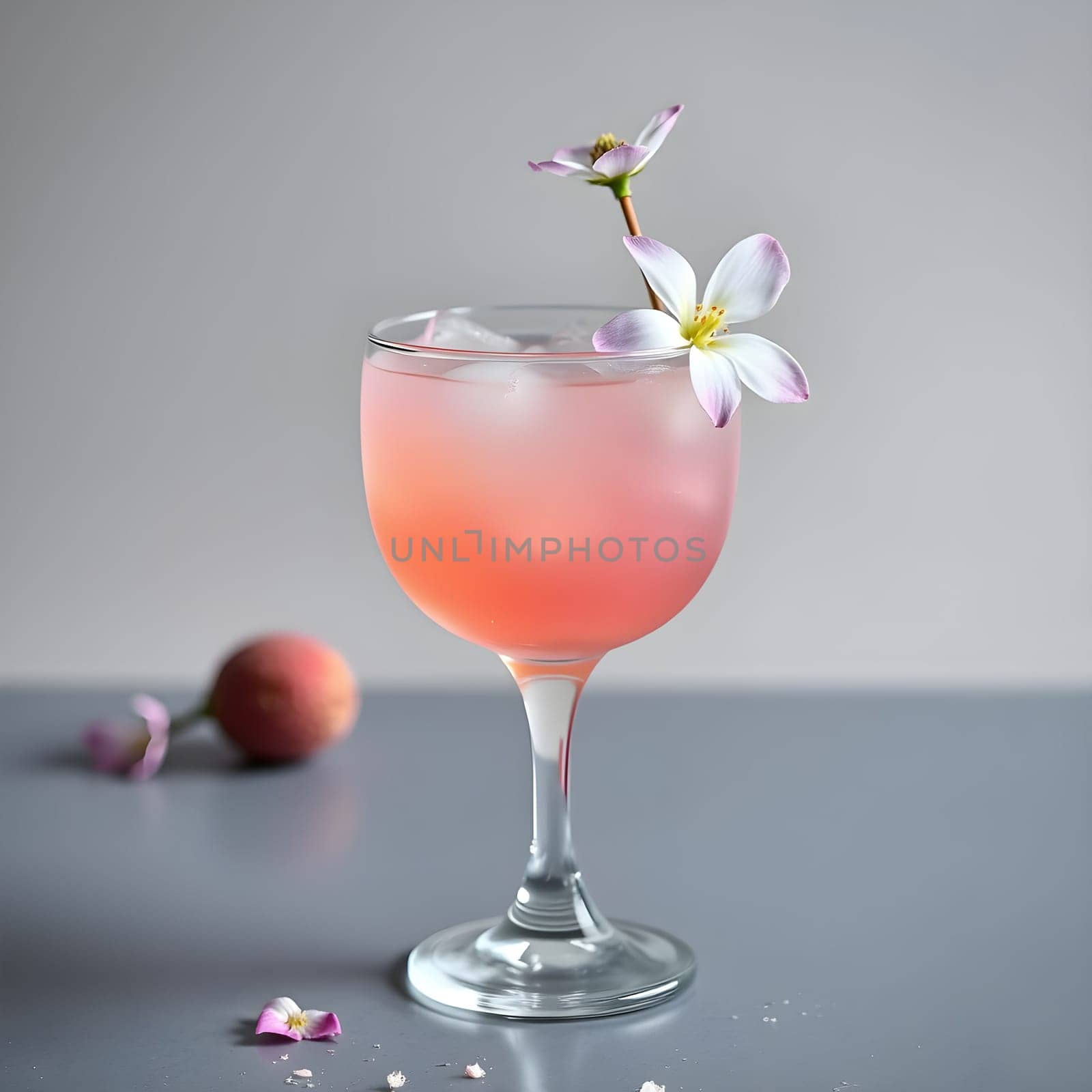 A sophisticated lychee and rose mocktail, adorned with delicate flower garnishes, exudes elegance against a minimalist backdrop.