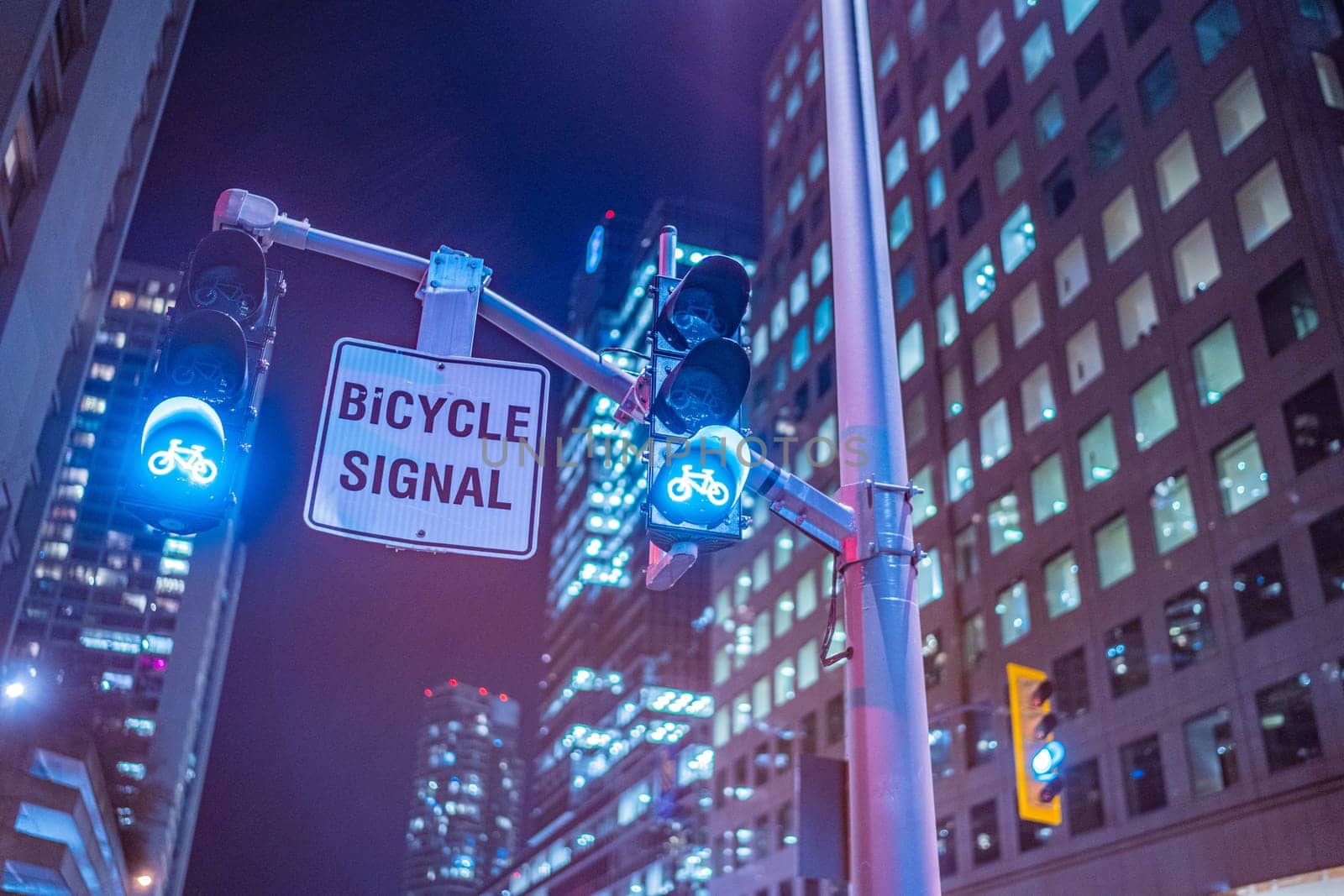 Night view of bicycle signal. Shooting Location: Toronto