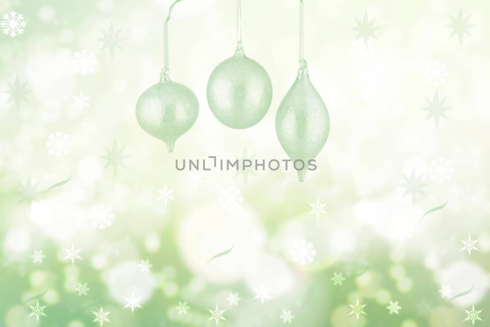 Abstract blurred festive light green white winter christmas or Happy New Year background texture with shiny bokeh circles, snowflakes and stars. Card concept.
