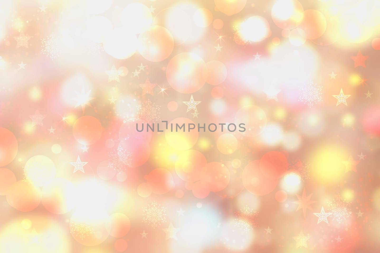 A festive abstract delicate Happy New Year or Christmas background texture with colorful gold yellow pink blurred bokeh lights and stars. Space for design. Card concept or advertising.