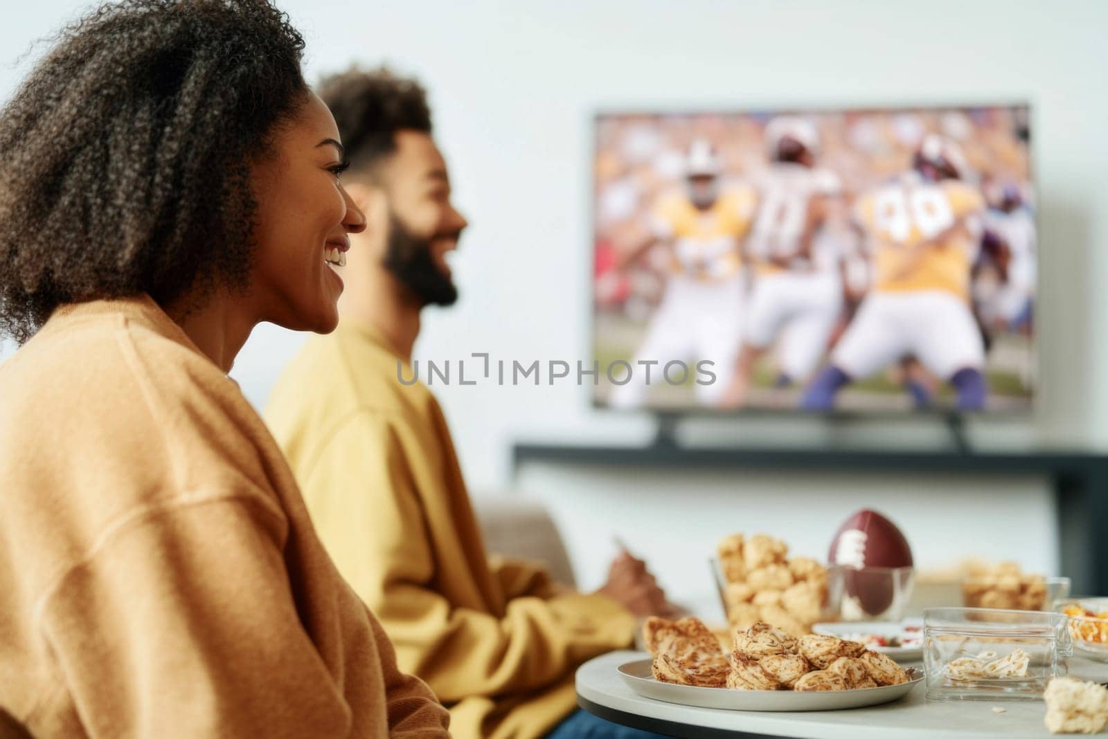 Friends watching Super Bowl football game eating snacks together at home, AI generated