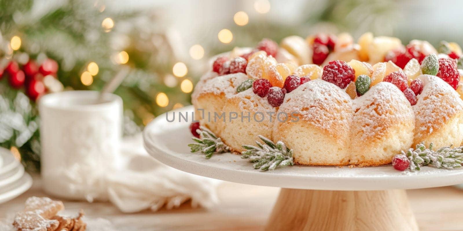 Festive Christmas holiday dessert table with various cakes and pastries, ideal as cheerful background, AI Generated