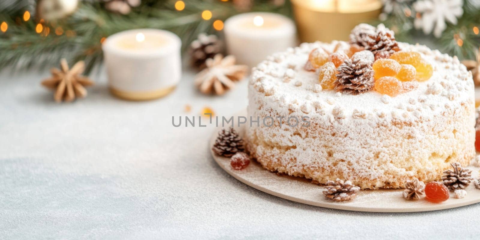 Festive Christmas holiday dessert table with various cakes and pastries, ideal as cheerful background, AI Generated