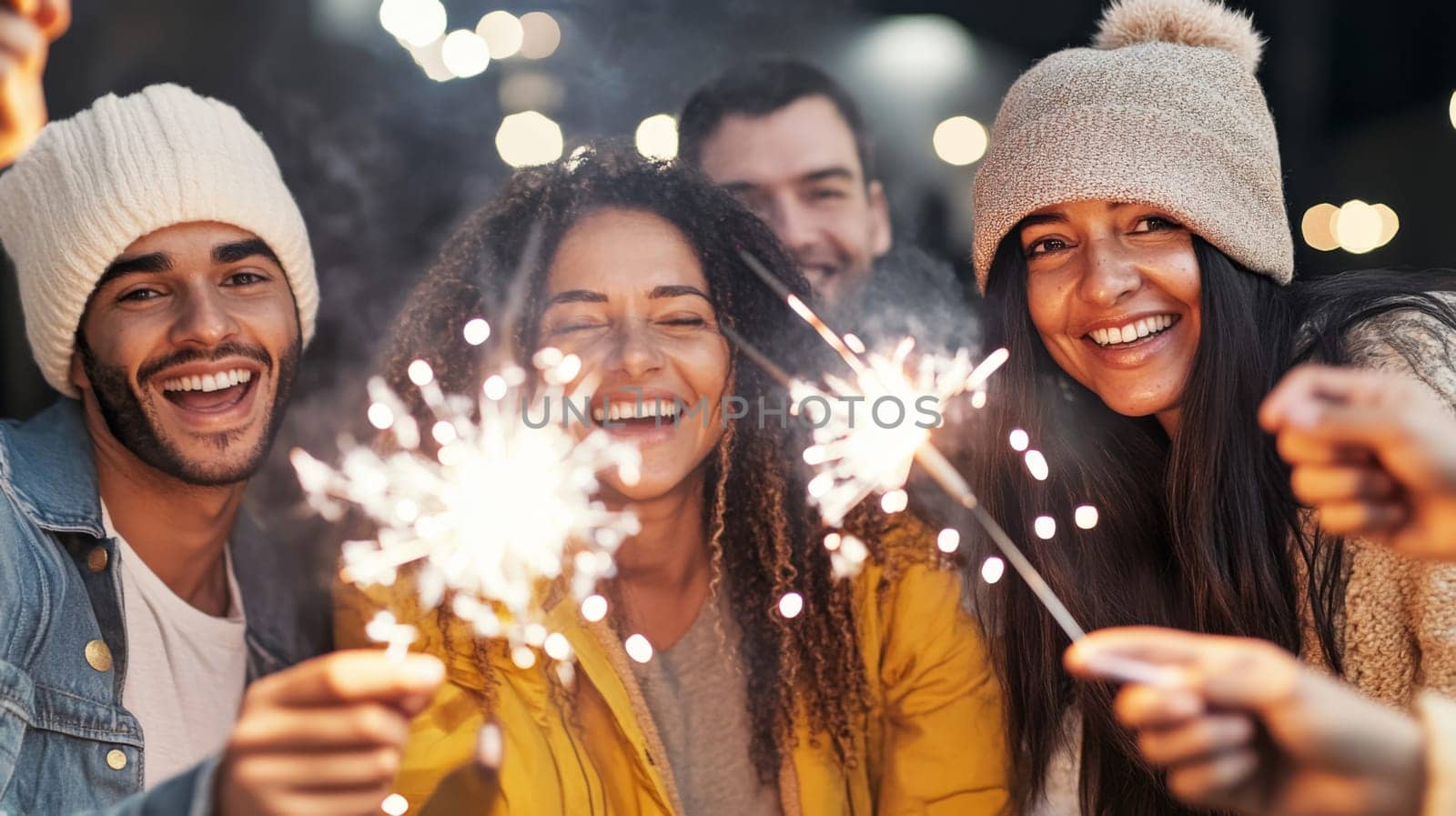Group of multiracial adults celebrating New Year with sparklers outdoors, joyful winter scene, AI generated