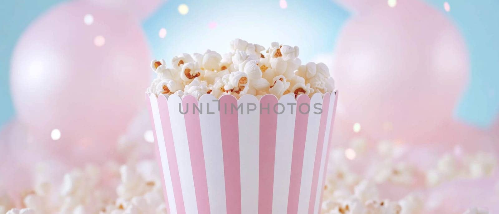 Stripe box with popcorn on pastel blue and pink background, Party concept, AI Generated