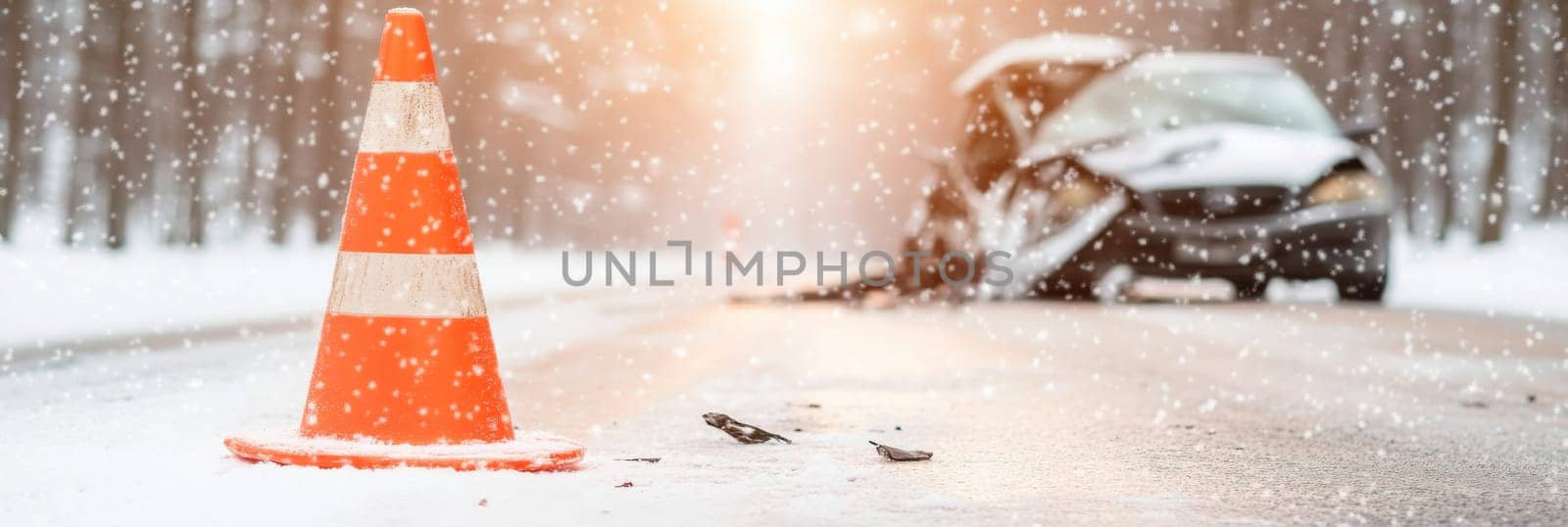 Orange traffic cone in foreground on snowy road with car accident, concept of safety on the winter roads, AI Generated