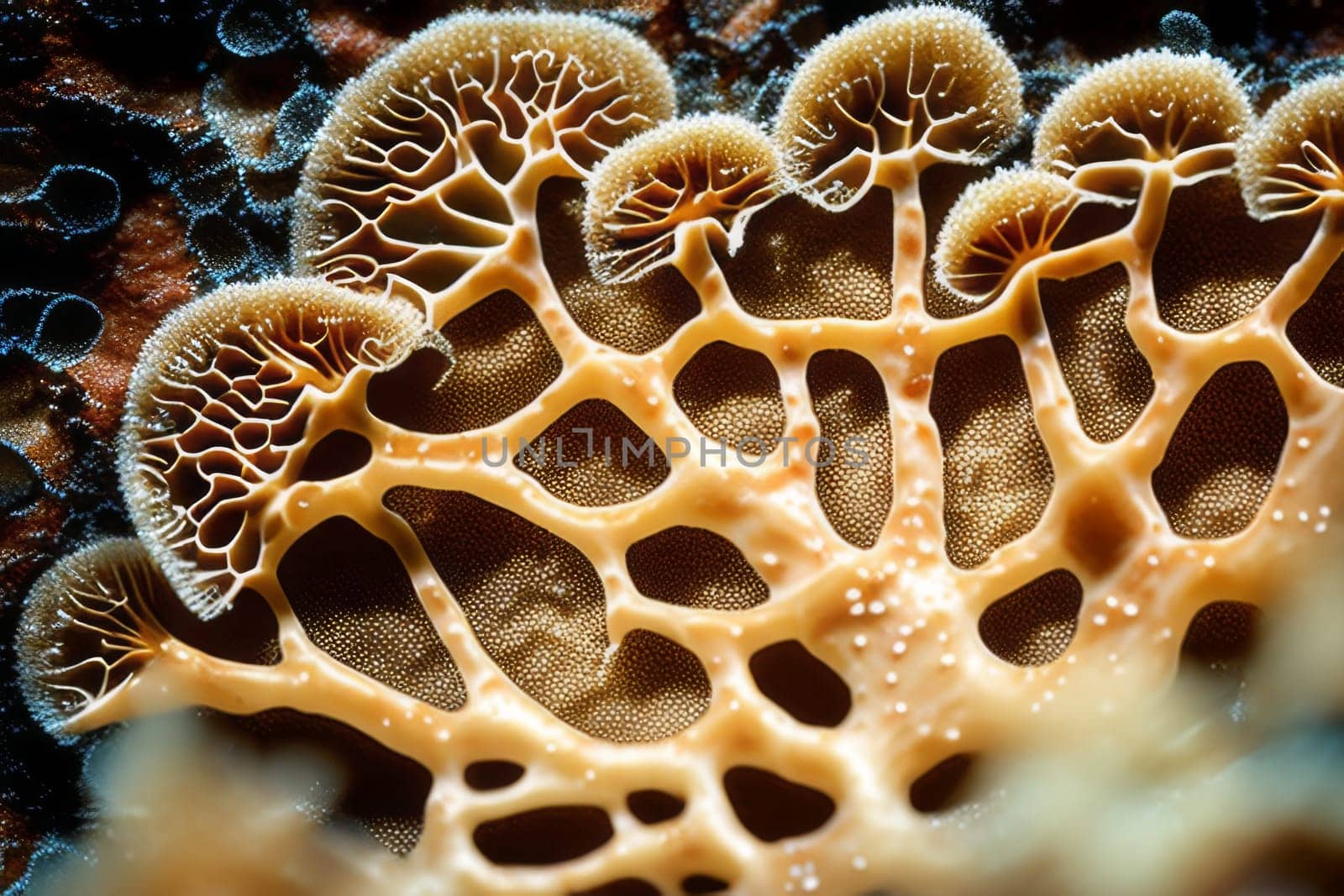 Natural fungus mycelium network texture closeup. Filaments of fungi microorganisms microscopy. AI Generative content