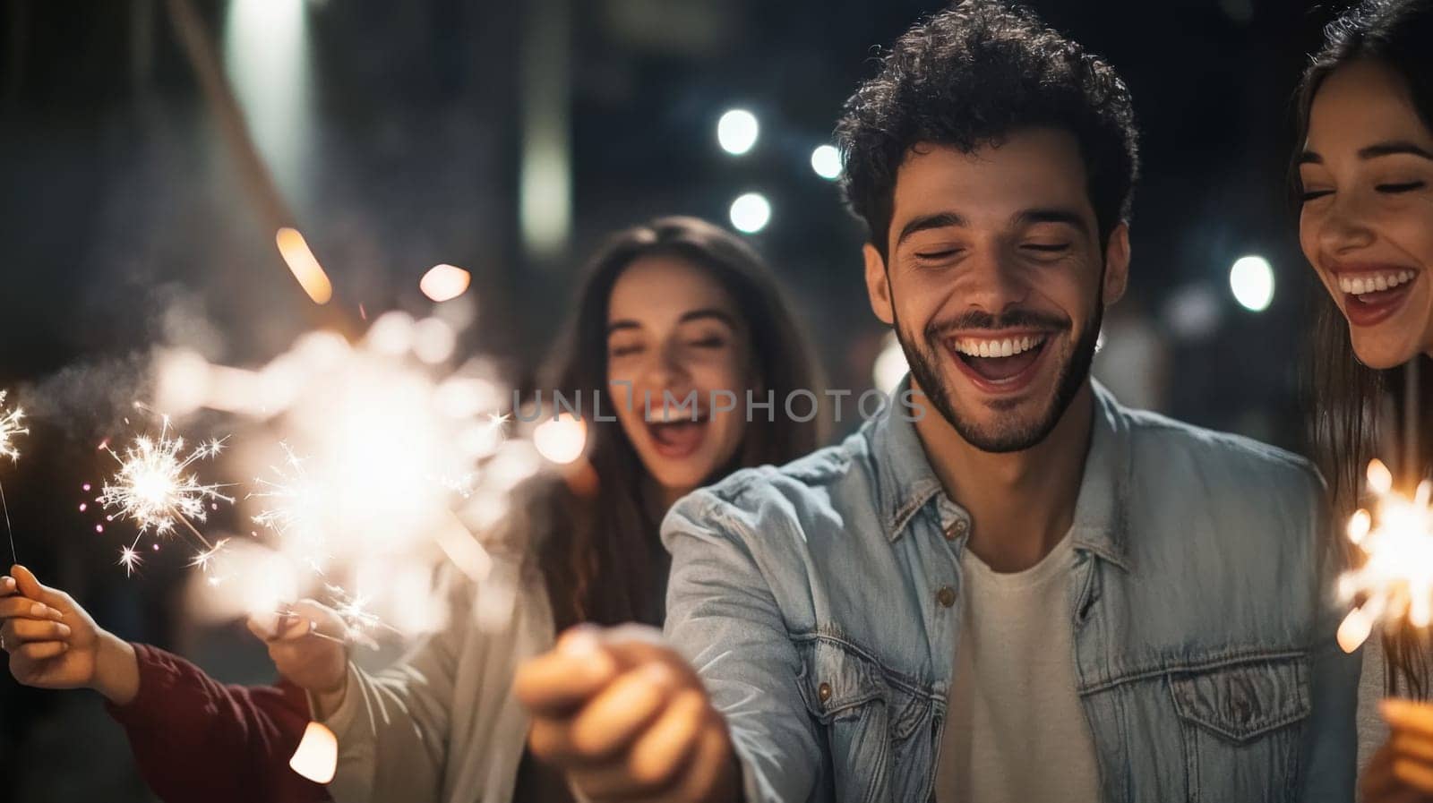 Group of multiracial adults celebrating New Year with sparklers outdoors, joyful winter scene, AI generated