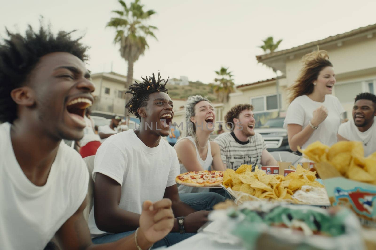 Friends watching Super Bowl football game eating snacks together at home, AI generated