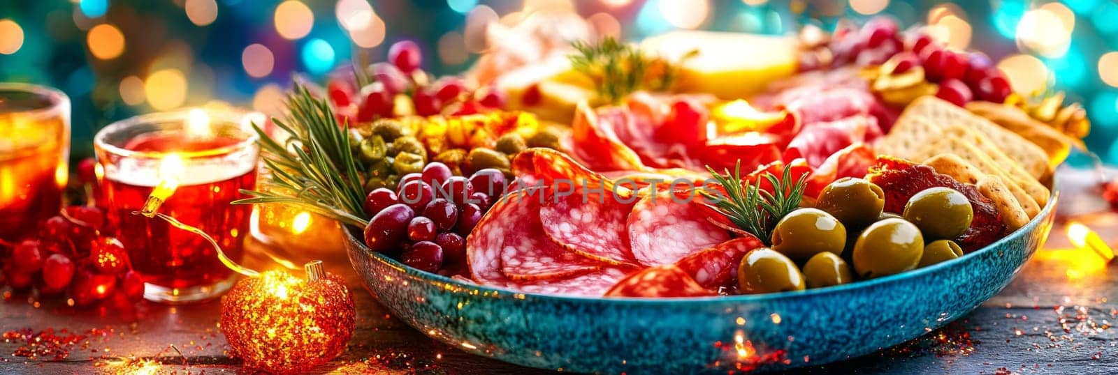 Festive charcuterie board with assorted cheeses and meats on rustic table, background, AI generated