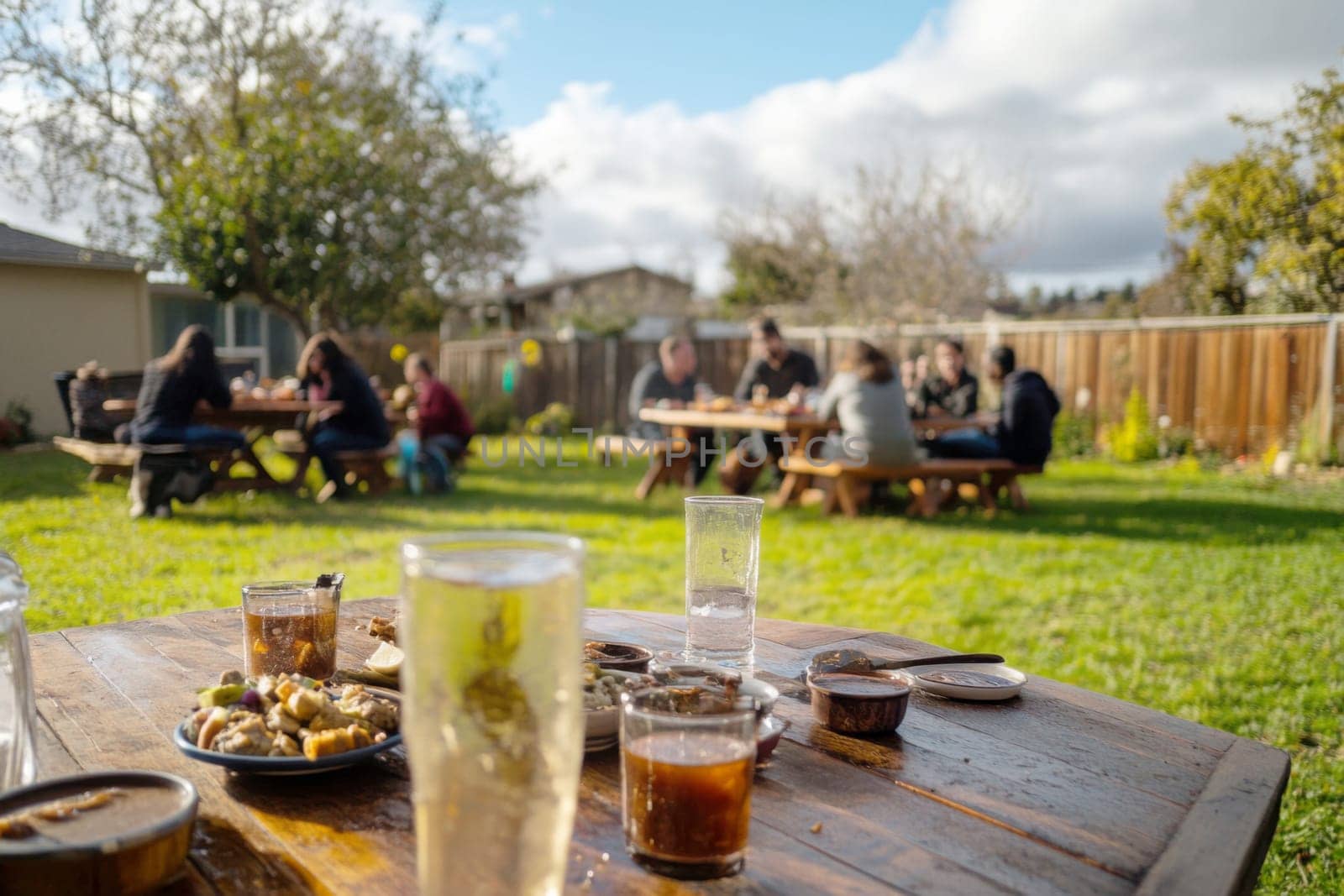 Family gathered for outdoor autumn feast with roasted turkey, enjoying food, AI Generated