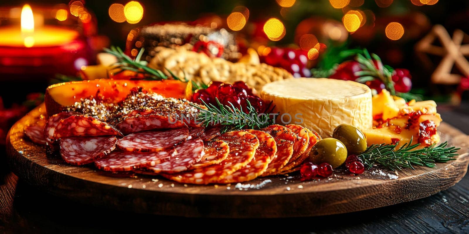 Festive charcuterie board with assorted cheeses and meats on rustic table, background, AI generated