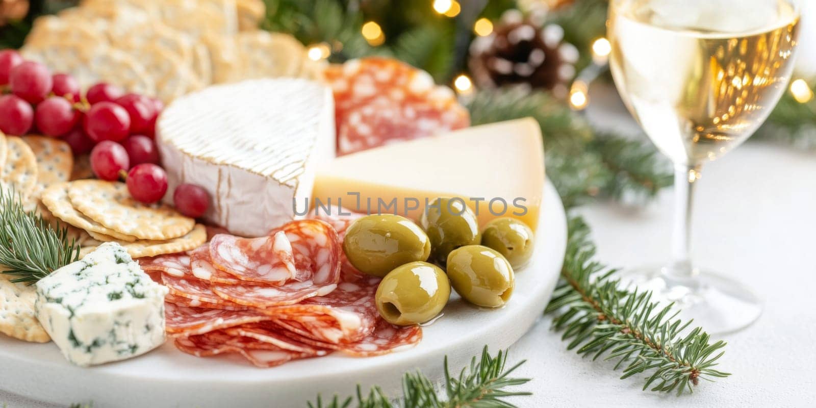 Christmas or New Year holiday charcuterie platter with cheeses, salami, grapes, olives on board, festive background, copy space, AI generated
